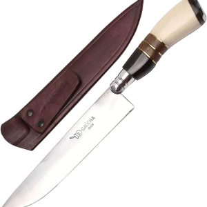 Facas Gaúcha, 1008OMC, Faca Gaúcha Churrasco 8″ Cabo Curvo Chifre Madeira Osso, cor Inox, Couro